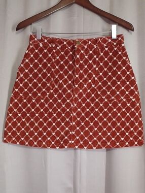 Monki Mikki Heart Print Corduroy A-Line Mini Skirt Pockets Rust Red Orange Sz 38